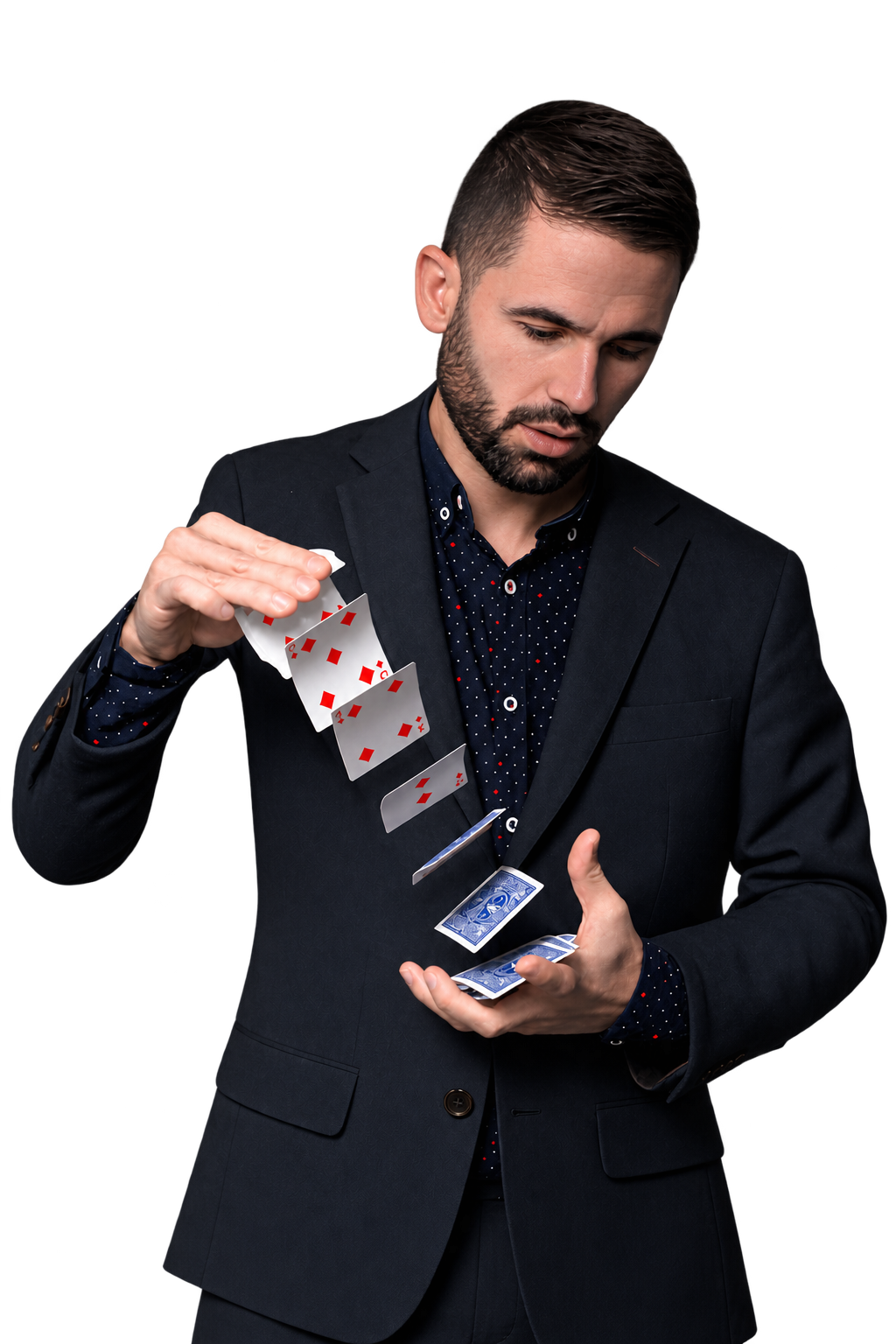 Magic-Al performing a close-up card cascade