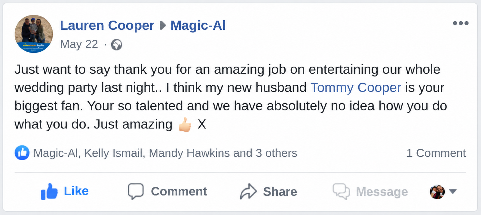 Screenshot of a genuine review from a client Al has performed for