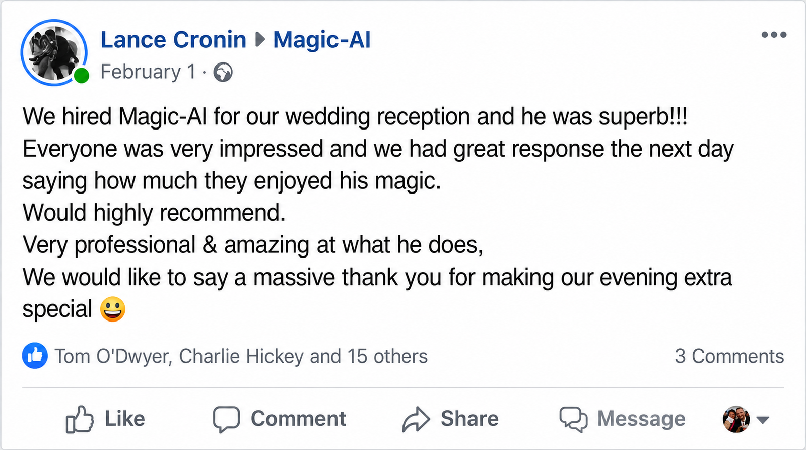 Screenshot of a genuine review from a client Al has performed for