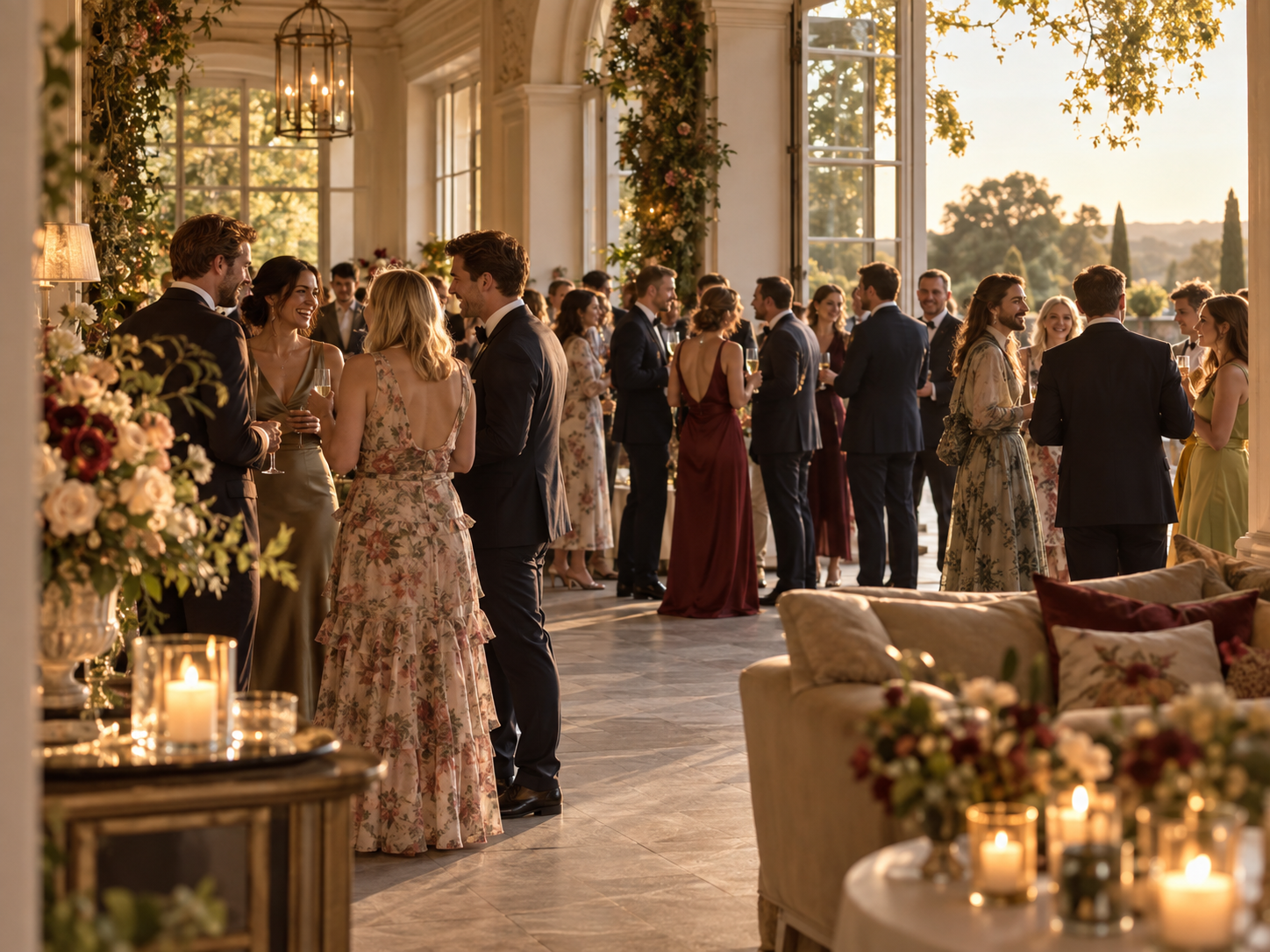 Guests chatting naturally at a private party, the kind of room Al reads before deciding when to step in
